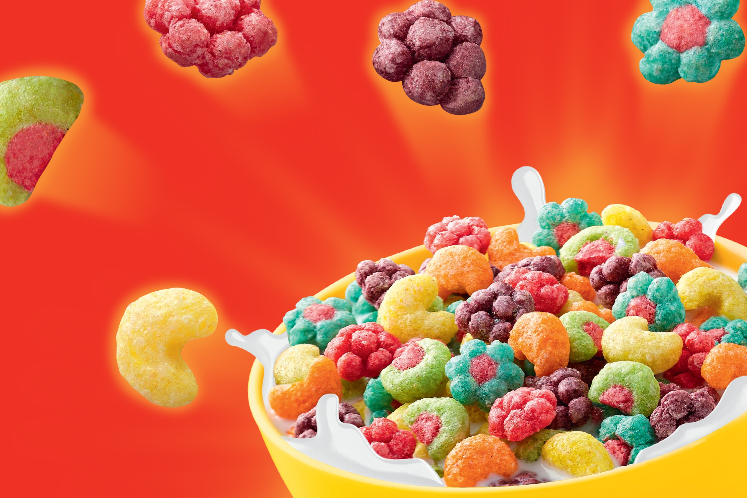 A bowl of Trix with fruit shaped pieces beaming from the bowl